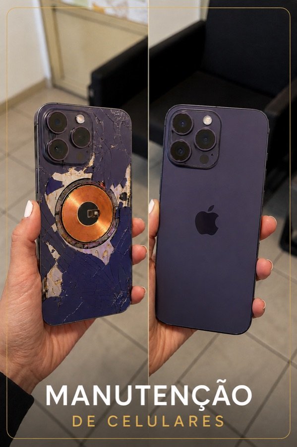 Celular com a tampa traseira danificada e o mesmo aparelho após manutenção, lado a lado